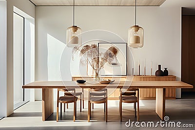 A dining area featuring a minimalist wooden table, modern dining chairs, and a statement pendant light. Stock Photo