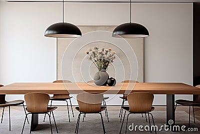 A dining area featuring a minimalist wooden table, modern dining chairs, and a statement pendant light. Stock Photo