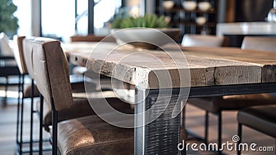 In the dining area a sleek reclaimed wood table is paired with a set of contemporary chairs. The knots and uneven edges Stock Photo