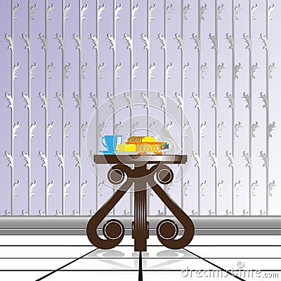 Dining composition on a decorative table, against the background of wallpaper with decorative weaving. Vector illustration. Stock Photo