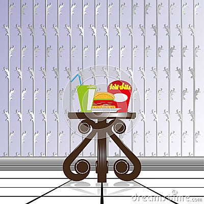 Dining composition on a decorative table, against the background of wallpaper with decorative weaving. Vector illustration. Vector Illustration