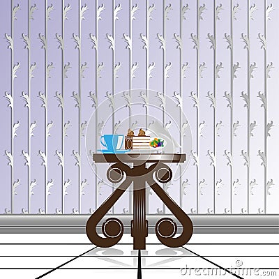 Dining composition on a decorative table, against the background of wallpaper with decorative weaving. Vector illustration. Vector Illustration