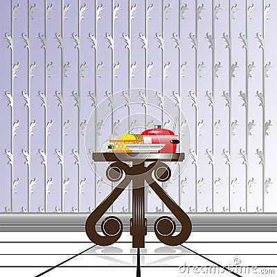Dining composition on a decorative table, against the background of wallpaper with decorative weaving. Vector illustration. Stock Photo