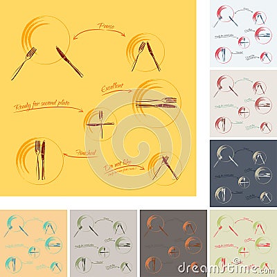 Dining etiquette - set of 8 color schemes Vector Illustration