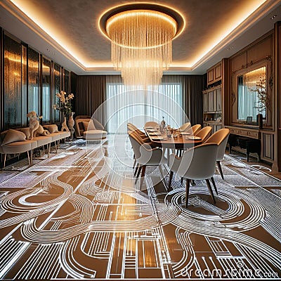 dining room floor with programmable LED tiles that create dynamic patterns underfoot HD image dinning room smart Stock Photo