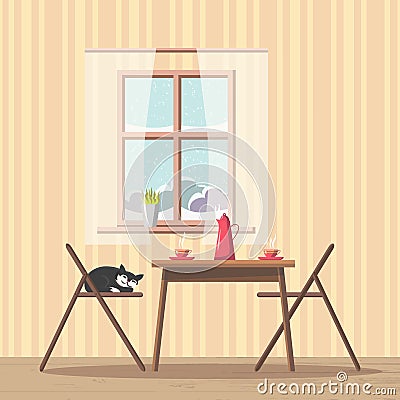 Dining room interior background with table and chairs near window with snowy view Vector Illustration