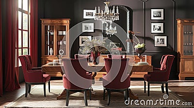 A dining room with a stunning cork table as the centerpiece surrounded by elegant highback chairs upholstered in a rich Stock Photo