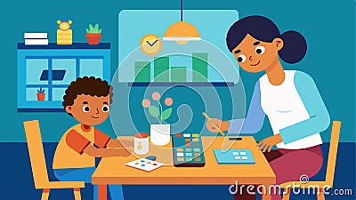 The dining room table has become a workstation as a child uses their coding kit to build a functioning calculator their Vector Illustration