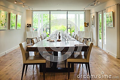 A dining room table set for wine sampling Stock Photo