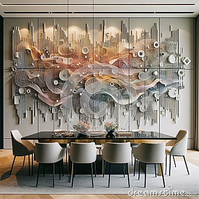 dining room wall covered in kinetic art panels that respond to music, creating a visual symphony . Stock Photo