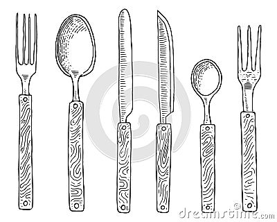 Dining or snack fork for oysters, ice cream spoon and knife for dessert or butter and baking. kitchen utensils, cooking Vector Illustration