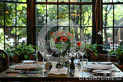 Dining table set with flowers glassware plates napkins in restaurant. AIG49. Stock Photo