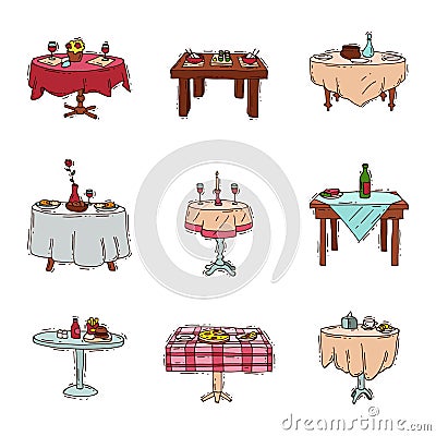 Dining tables in restaurant vector set lunch dinner date in cafe with glasses of wine Italian pizza Chinese food Vector Illustration