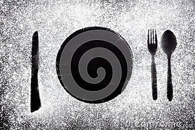 Dining white flour sprinkled on the table dish a spoon and knife Stock Photo