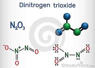 Dinitrogen trioxide , N2O3 molecule. Structural chemical formula and molecule model Vector Illustration