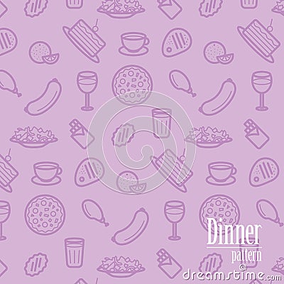 Dinner Background. Seamless Pattern With Line Icons of Food Like Pizza, Cake, Steak, Chicken, Wine, Chocolate, Orange etc. Vector Illustration