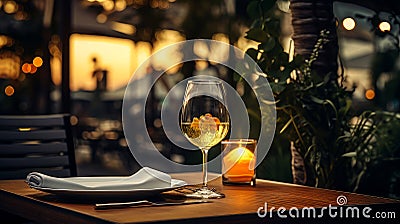 Dinner in a chic restaurant, on the terrace in the fresh air, by candlelight with a glass of champagne or wine, with Stock Photo