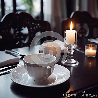 Dinner at a fancy restaurant. Elegant table setting. Cup of coffee. Luxury travel concept. Stock Photo