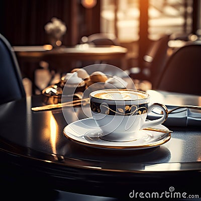 Dinner at a fancy restaurant. Elegant table setting. Cup of coffee. Luxury travel concept. Generative ai Stock Photo