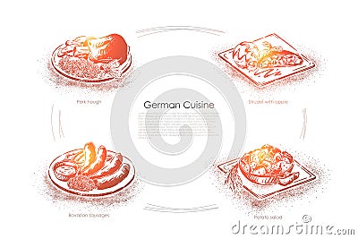 Dinner in Germany, pork hough, strudel with apple, bavarian sausages, potato salad, european cooking banner Vector Illustration