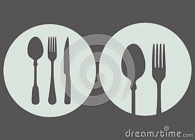 Dinner logo in the form of a plate, spoon and knife on a beige background Vector Illustration