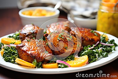 dinner plate with glazed honey mustard pork chops Stock Photo