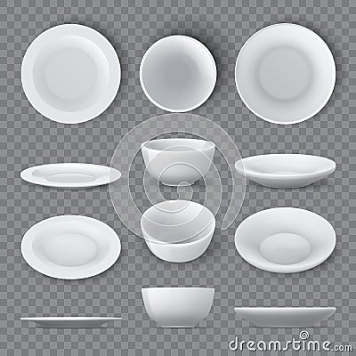 Dinner plates mockups. Realistic white ceramic dishes and empty bowl top, angle and side views. Porcelain round Vector Illustration