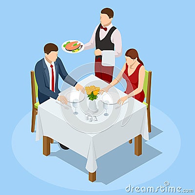 Dinner In Restaurant. Young couple having dinner in a restaurant. Man and woman sitting at the table, the waiter takes Vector Illustration