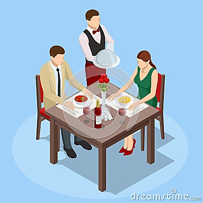 Dinner In Restaurant. Young couple having dinner in a restaurant. Man and woman sitting at the table, the waiter takes Vector Illustration