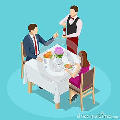 Dinner In Restaurant. Young couple having dinner in a restaurant. Man and woman sitting at the table, the waiter takes Vector Illustration