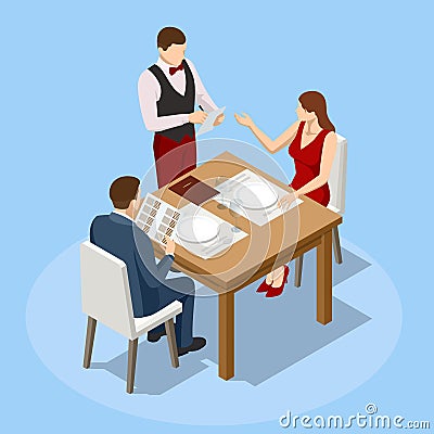 Dinner In Restaurant. Young couple having dinner in a restaurant. Man and woman sitting at the table, the waiter takes Vector Illustration