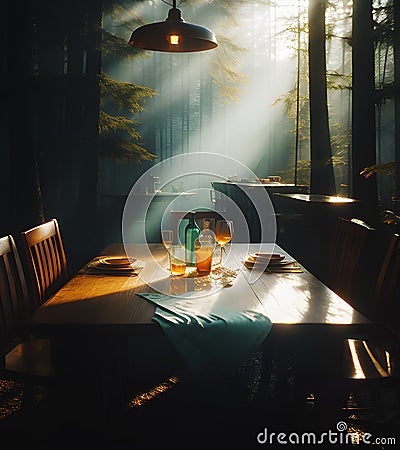 Dinner setting in forest landscape, generative ai Cartoon Illustration