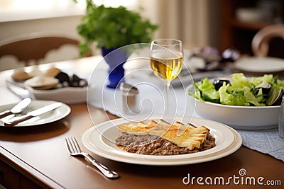 a dinner setting with moussaka taking the center place on a table Stock Photo