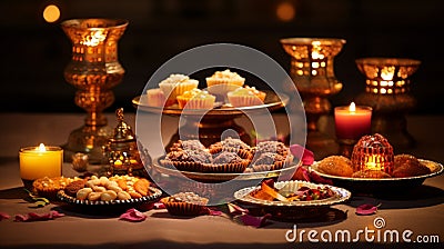 dinner table decorated with Ramadan lamp generated by AI tool Stock Photo