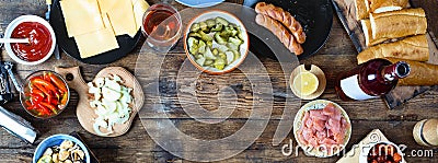 Dinner table. Various snacks and wine. top veiw Stock Photo