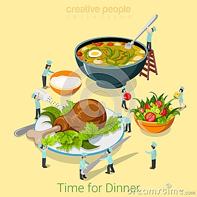 Dinner time food cafe restaurant meal flat 3d isometric vector Vector Illustration