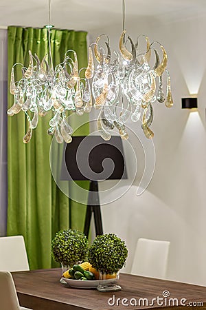 Dinning room in green, black and white colors. Stock Photo