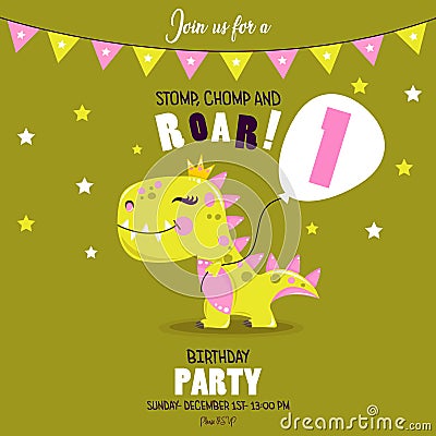 Cute baby girl dinosaur. Birthday invitation. Stock Photo