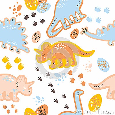 Vector cute dinosaurs seamless pattern. Dinosaur eggs and footprints childish repeating pattern. Vector Illustration