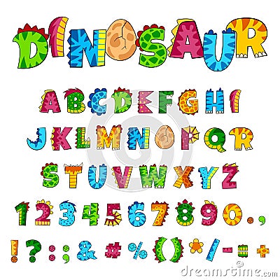 Dino alphabet. Font elements, creative dinosaur style letters and numbers. Colorful kids abc, funny childish decorative Vector Illustration