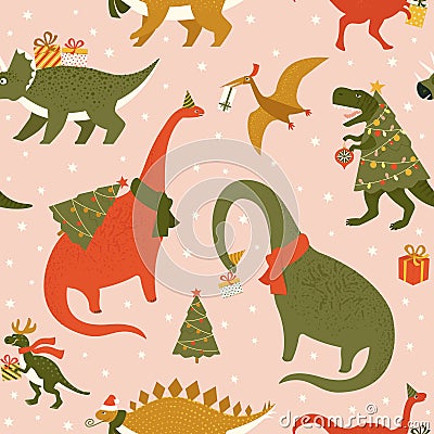 Dino Christmas Party Tree Rex. Dinosaur in Santa hat decorates Christmas tree garland lights. Vector illustration of Vector Illustration