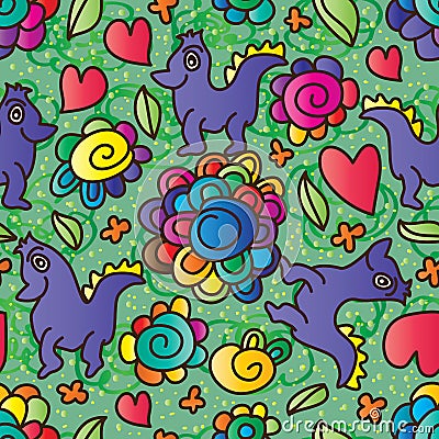 Dino cute happy flower seamless pattern Vector Illustration