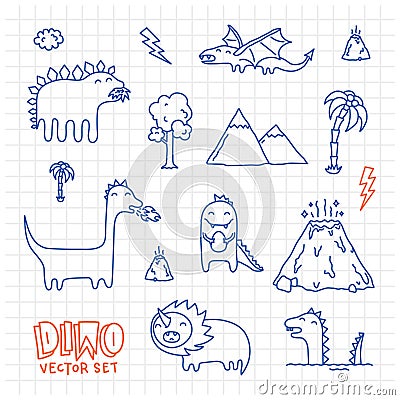 Dino ink doodles cartoon vector set Vector Illustration