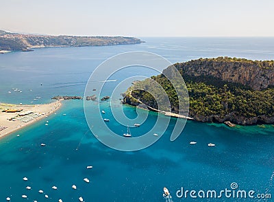 Dino Island, aerial view, island and beach, Praia a Mare, Cosenza Province, Calabria, Italy Stock Photo