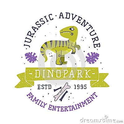 Dino Island and Dino Park Family Entertainment Emblem with Funny Dinosaur as Cute Prehistoric Creature and Comic Vector Illustration