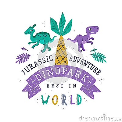 Dino Island and Dino Park Family Entertainment Emblem with Funny Dinosaur as Cute Prehistoric Creature and Comic Vector Illustration