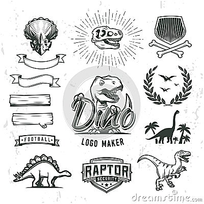 Dino logo maker set. Dinosaur logotype creator. Vector T-rex banner template. Vector Illustration