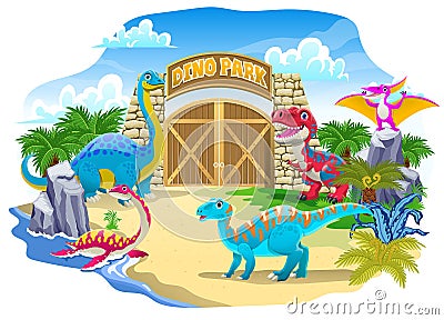 Dino Park Cartoon Happy in Children book Style Vector Illustration