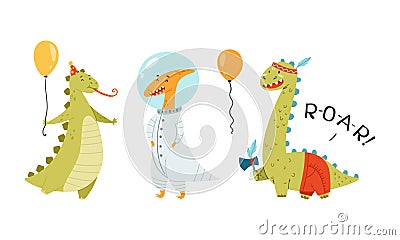 Dino party. Cute funny dinosaurs dressed carnival masquerade costumes cartoon vector illustration Vector Illustration