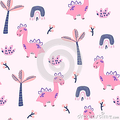 Cute Dinosaurs seamless pattern. Children pattern with dinos, palms and berries. Vector Illustration